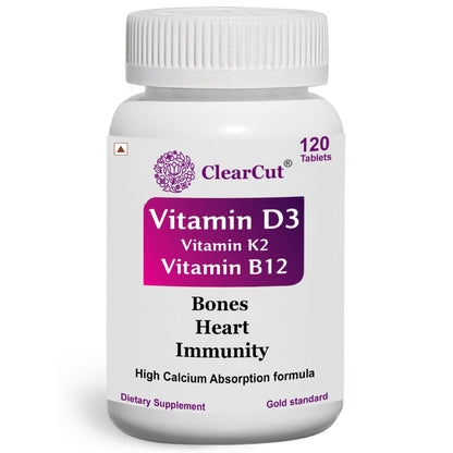 ClearCut Vitamin D3 K2 B12 Calcium tablet Joints bones Boosting Immunity supplement for men women 120