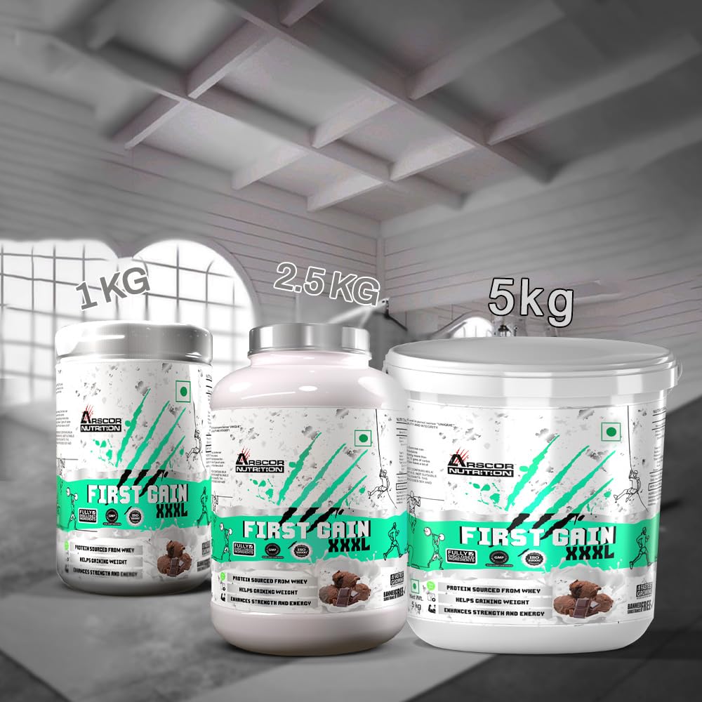 Arscor's First Gain Mass Gainer Powder | High-Calorie Weight Gainer with Whey Protein & Complex Carbs | Muscle Mass & Strength Builder | No Added Sugar (2.5 Kg, Mango Vanilla)