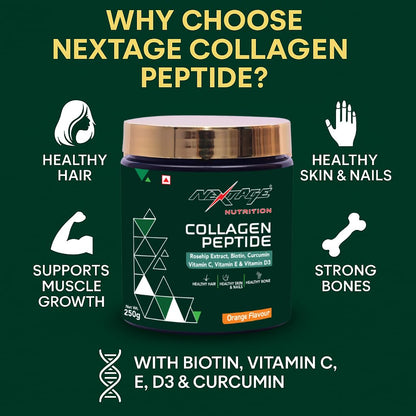 Nextage Nutrition Collagen Peptide Powder (250g) | Rosehip Extract,biotin, Curcumin Vitamin C, Vitamin E & Vitamin D3 | Healthy hair | Healthy Skin & Nails | Healthy Bone | Orange Flavour