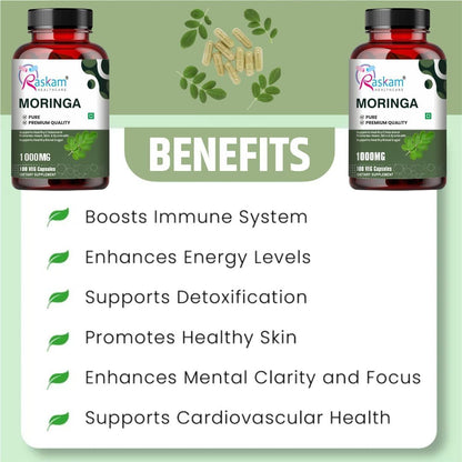 Raskam Moringa Capsules Organic (100 Capsules) 1000mg Green Superfood Moringa Oleifera Leaf Powder Capsules - Immunity & Metabolism Booster Nutritional Rich Supplement