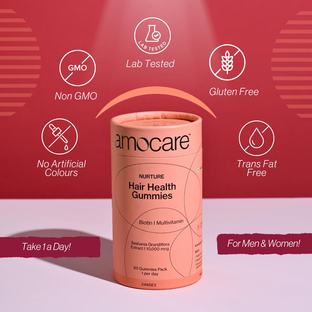 Amocare Biotin Hair Gummies (60 Gummies) | For Healthy Hair, Nails and Skin | With Biotin, Zinc, Vitamin B12, E, D2 and Calcium | Strawberry Flavour | Vegan and Gluten Free