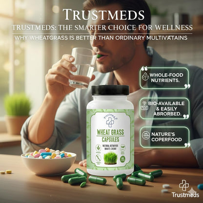 Trustmeds Wheat Grass Capsules (60 Count) | 100% Organic & Plant-Based Immunity Booster | Natural Detoxifier for Digestion, Energy & Stamina | For Glowing Skin & Healthy Hair | Non-GMO & Chemical Free