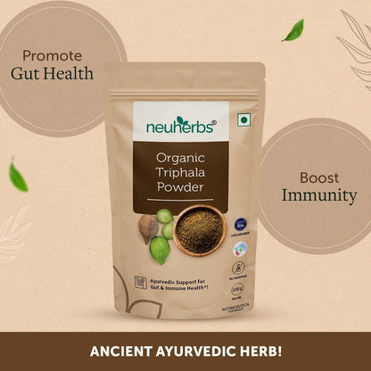 Neuherbs Organic Triphala Powder | Ayurvedic Support For Gut, Immune & Intestinal Health | Helps Relieve Constipation | Herbal Supplement | Quick Acidity & Gas Relief | Certified Organic - 100g