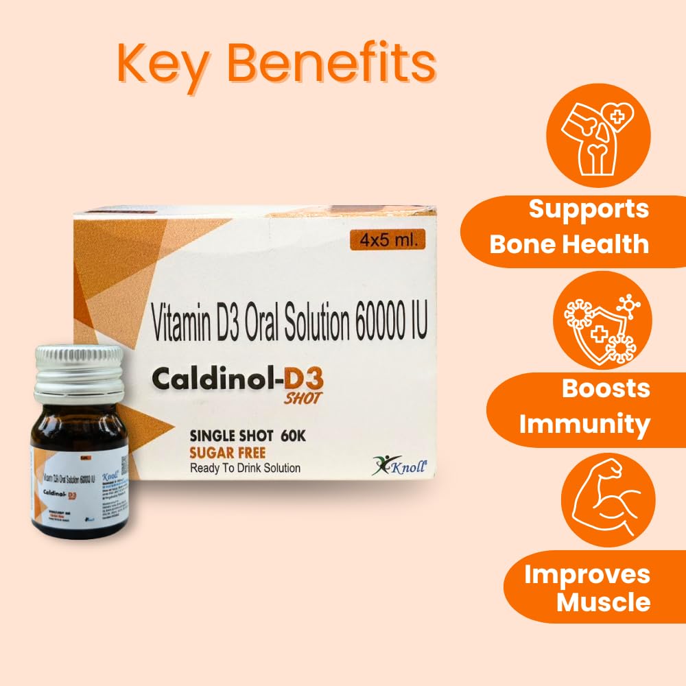Knoll Healthcare Caldinol-D3 Cholecalciferol Vitamin D3 60000 IU Sugar Free Nano Shots Once in a Week - 5ML x 4 Nano Shot (Pack Of 2)