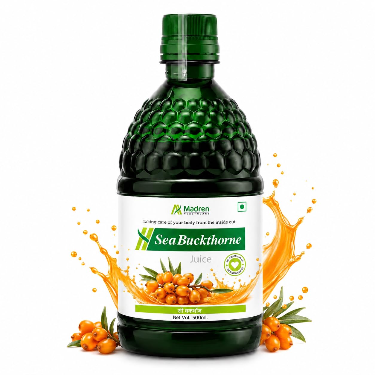 Madren Healthcare Sea Buckthorn Juice 500ml | Clinically Tested Himalayan Sea Buckthorn Berry Juice | Rich in Omega 3 6 7 9, Vitamin C & Antioxidants | Supports Skin Care, Immunity & Body Detox | Pulp Based | No Added Sugar
