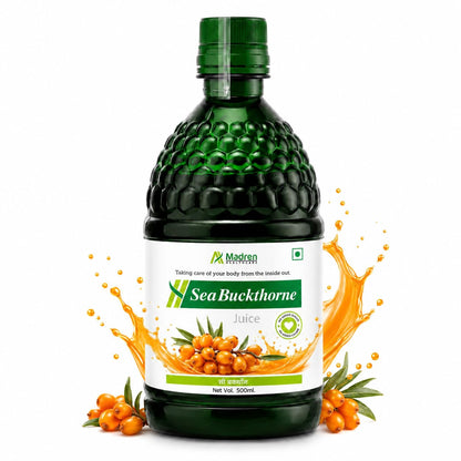 Madren Healthcare Sea Buckthorn Juice 500ml | Clinically Tested Himalayan Sea Buckthorn Berry Juice | Rich in Omega 3 6 7 9, Vitamin C & Antioxidants | Supports Skin Care, Immunity & Body Detox | Pulp Based | No Added Sugar