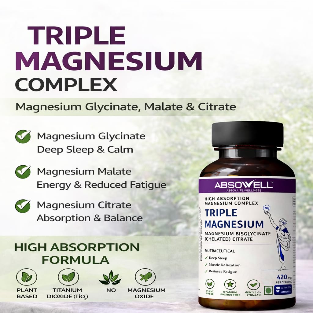 Absowell Magnesium Supplement Triple Complex - Glycinate, Malate & Citrate - High Absorption Capsules for Sleep, Muscle Support & Energy - Gentle on Stomach - 420 mg - Plant-Based - 90 Capsules
