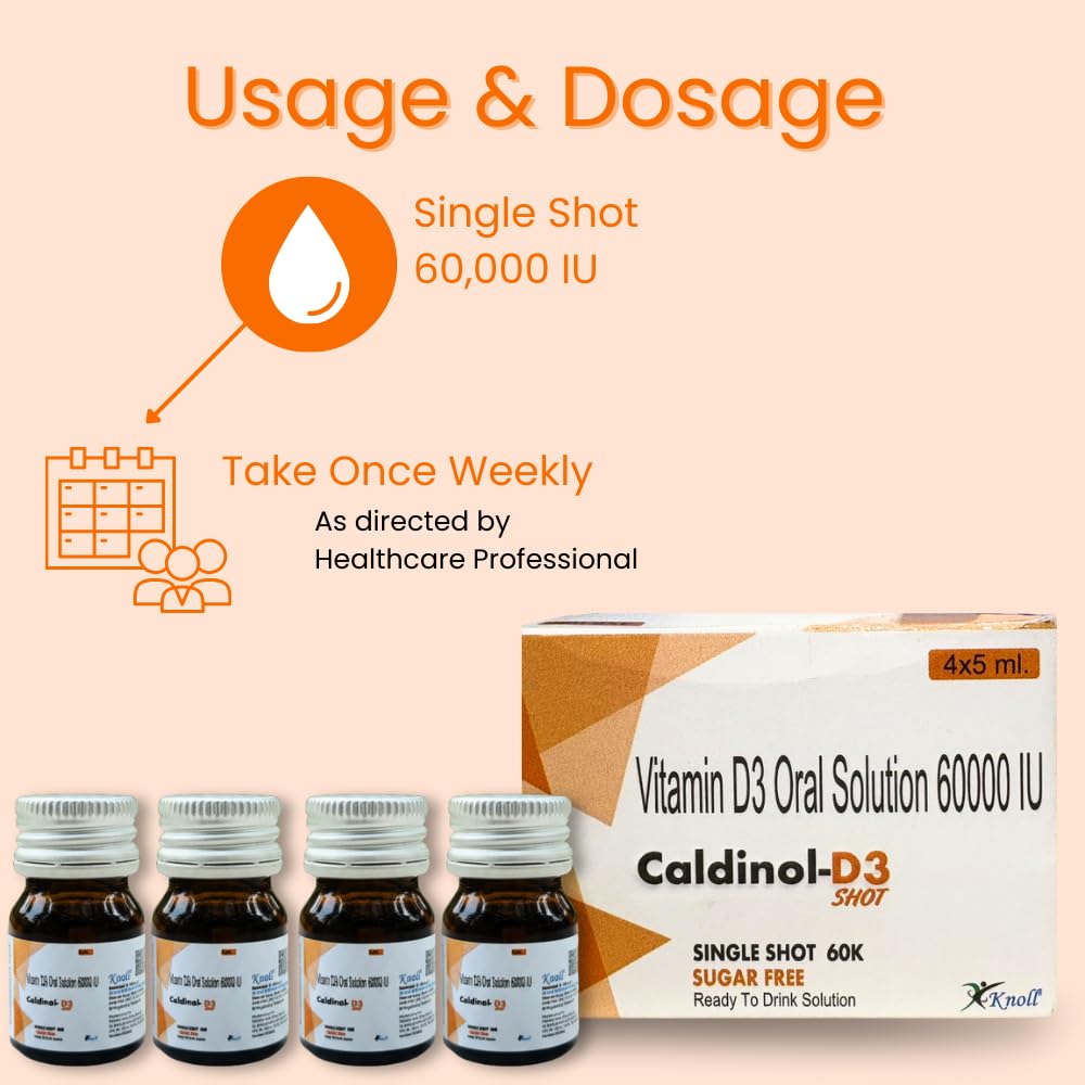 Knoll Healthcare Caldinol-D3 Cholecalciferol Vitamin D3 60000 IU Sugar Free Nano Shots Once in a Week - 5ML x 4 Nano Shot (Pack Of 2)