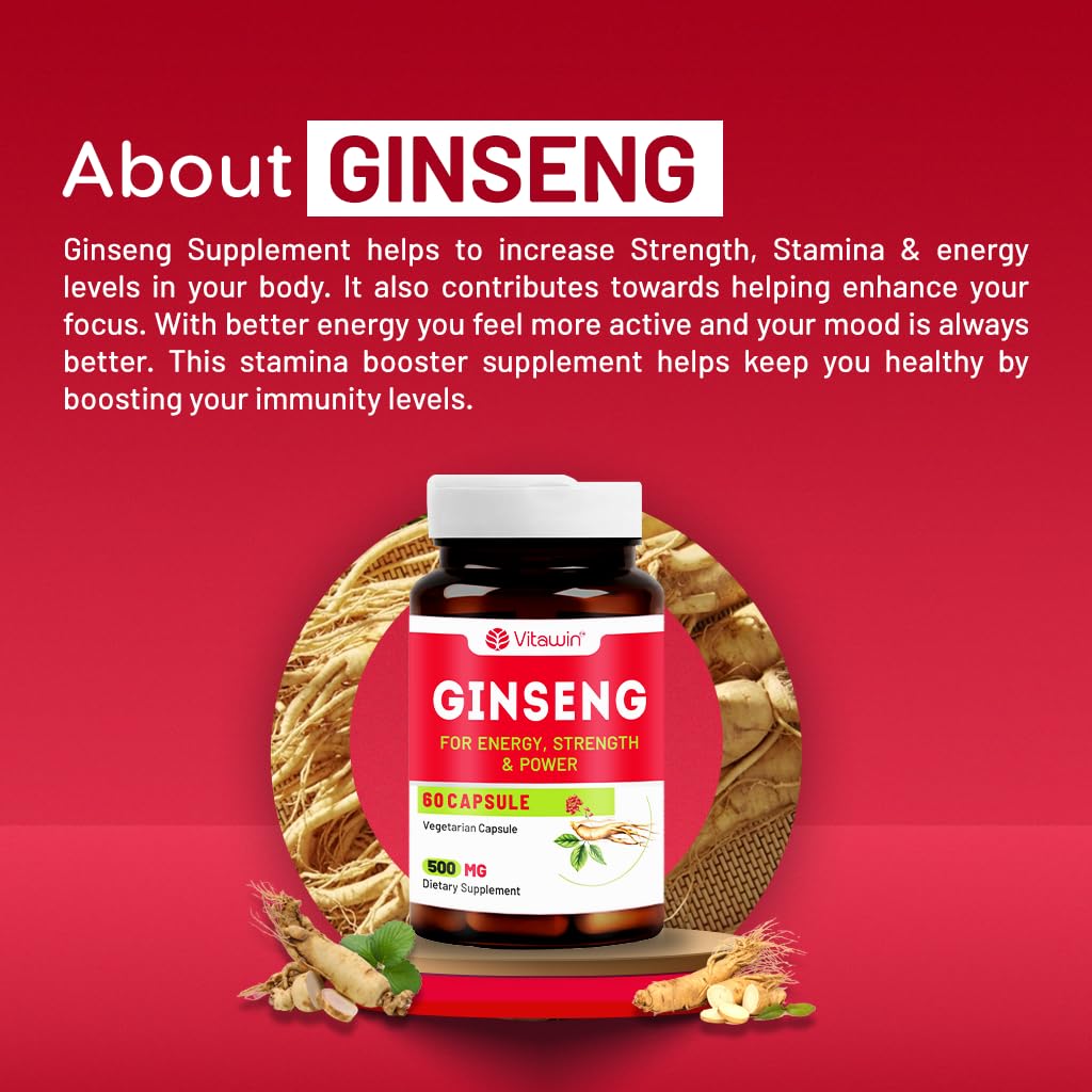VitaWin Ginseng Capsules 500mg | Herbal Supplement for Daily Vitality, Active Lifestyle & Wellness Support | 60 Vegetarian Capsules