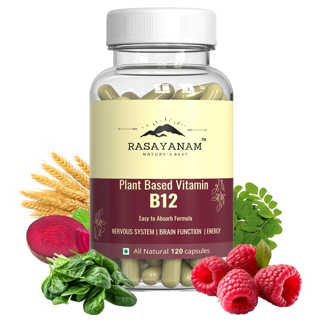 Rasayanam Plant Based Vitamin B12 supplement for Men & Women (120 Capsules) | Organic Formulation for Vegetarians & Vegans to support Nervous System & Brain Function