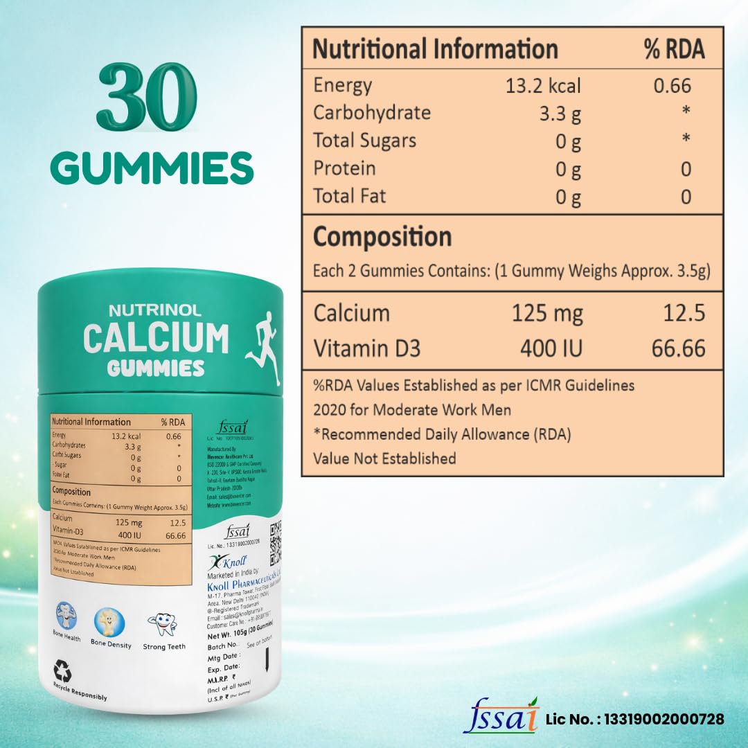 Knoll Healthcare Nutrinol Calcium Gummies with Vitamin D3 | Bone Health, Teeth Strength & Muscle Support | No Added Sugar | Peach Flavour Calcium Supplement for Men, Women & Kids | 30 Gummies