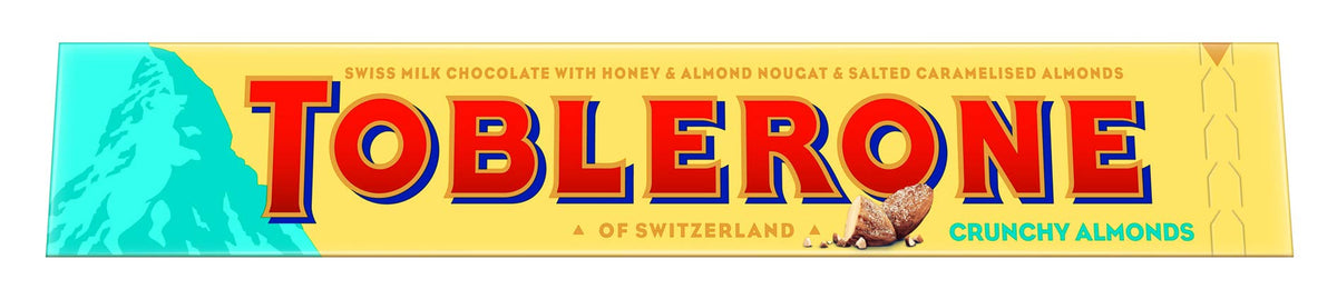 Toblerone of Switzerland Crunchy Almonds Swiss Milk Chocolate with Honey and Almond Nougat & Salted Caramelised Almonds, 100 Gram
