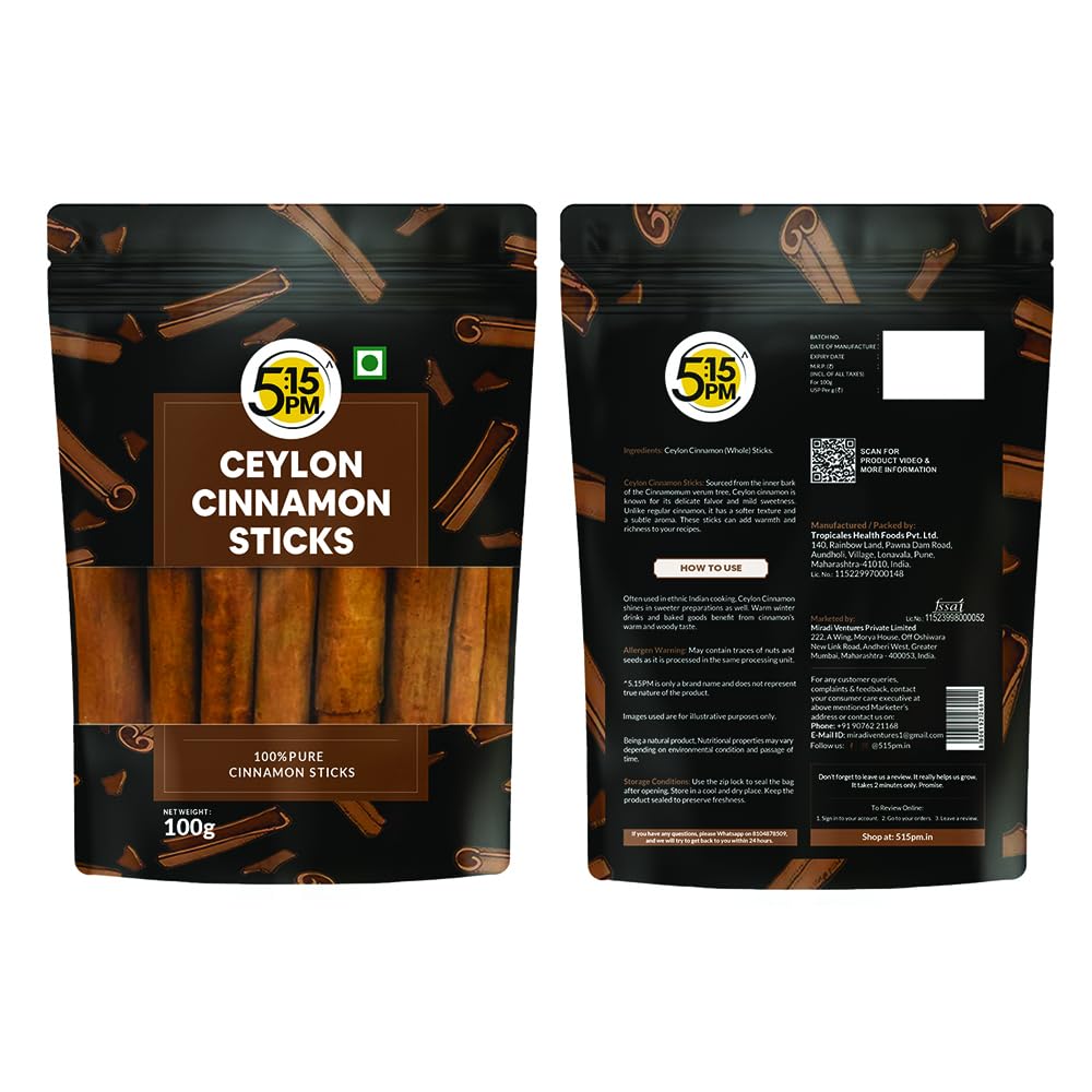 5:15PM Ceylon Cinnamon Sticks Original 100gm | SriLankan Dalchini Cinnamon Stick | World's Finest Ceylon Cinnamon Quills | Genuine Source Certified