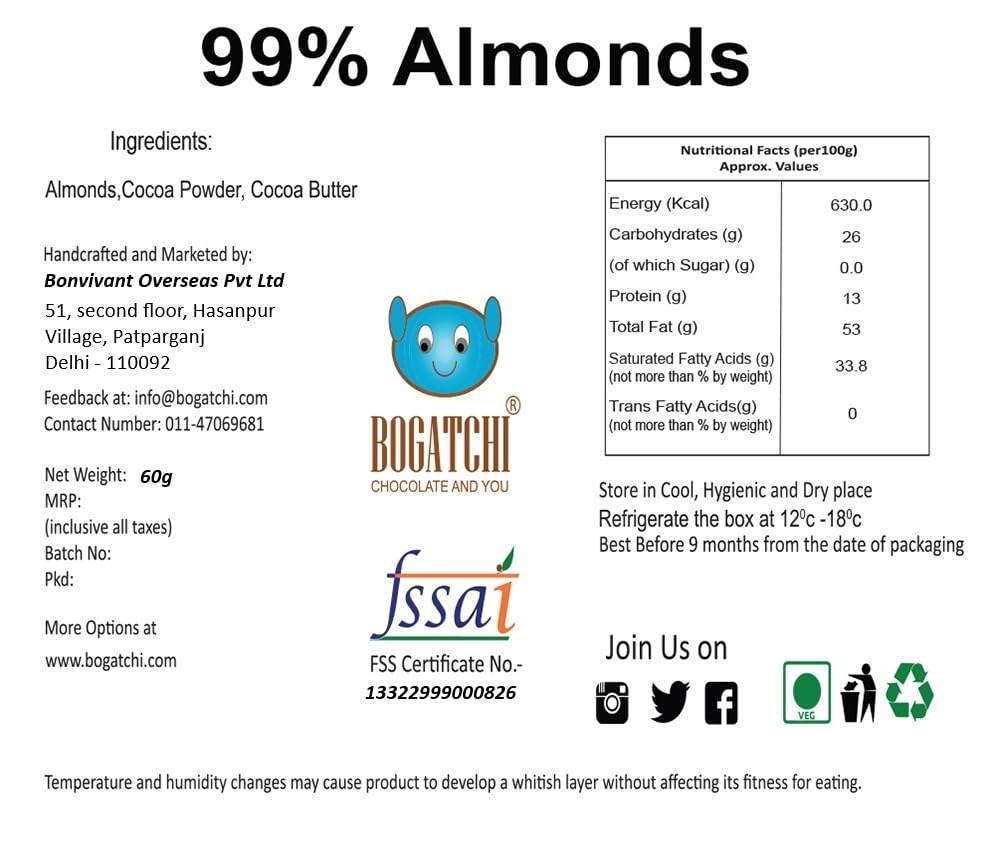 BOGATCHI Premium 99% Dark Chocolate with Almonds, 60g | Intense Real Cocoa Dark Chocolate Bar | Rich Antioxidant Gourmet Chocolate | Roasted Almonds | No Artificial Flavours | Indulgent Healthy Snack