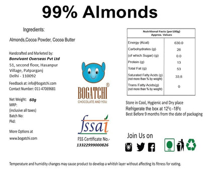 BOGATCHI Premium 99% Dark Chocolate with Almonds, 60g | Intense Real Cocoa Dark Chocolate Bar | Rich Antioxidant Gourmet Chocolate | Roasted Almonds | No Artificial Flavours | Indulgent Healthy Snack