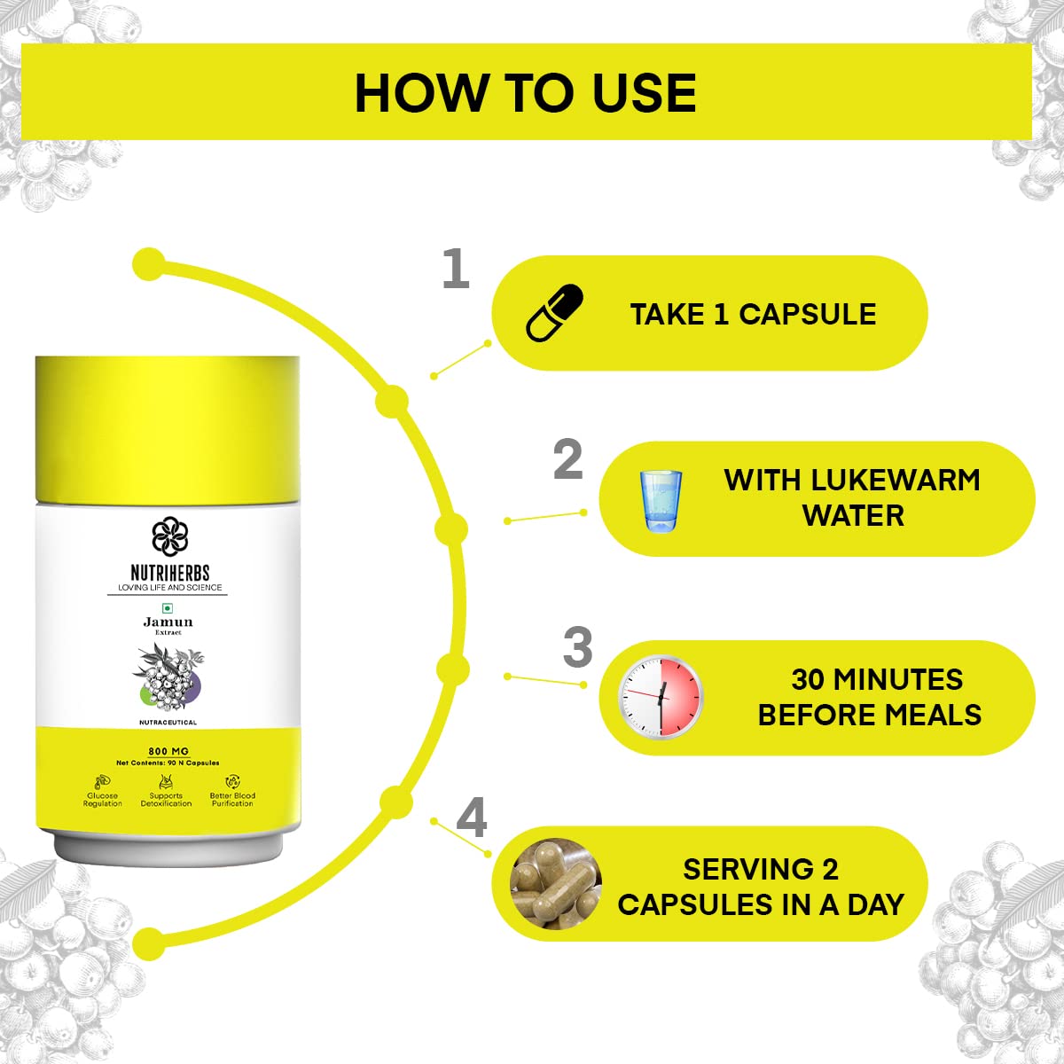 NUTRiHERBS Jamun Seed Extract Capsules 800mg | Herbal Supplement for Di- image 2