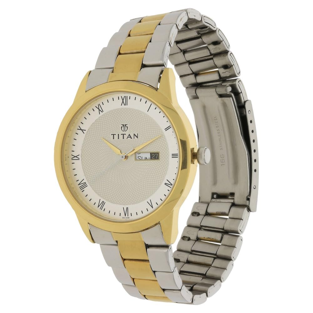 Titan Quartz Analog With Day & Date Champagne Dial Two Toned Silver & Gold Stainless Steel Strap Watch for Men - NT1584BM02