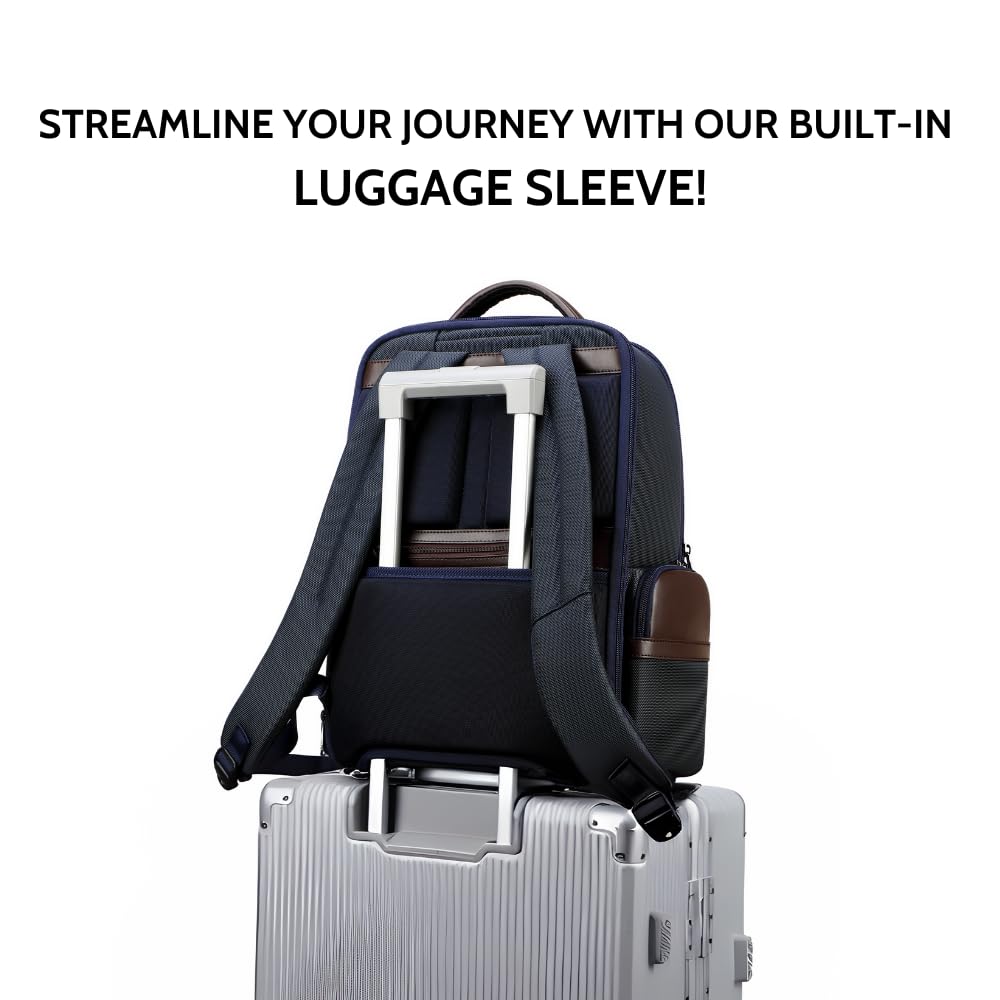 AETHON | Krossover 15.6-Inch Laptop Backpack | Water-Resistant with Multiple Pockets for Office, Travel | Shoulder Bag Made with Vegan Microfiber Leather (BLUE + BROWN)