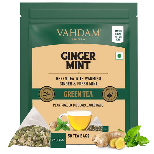 VAHDAM, Ginger Mint Green Tea Bags (50 Count) Med Caffeine, Non-GMO, Gluten-Free, Naturally High Grown Green Tea | Whole Loose Leaf Tea Bags | Resealable Ziplock Pouch