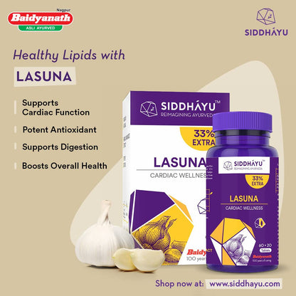 Siddhayu Lasuna Garlic Tablet | Cardiac Wellness | (From the house of Baidyanath) | Improves Digestion | Balance Cholesterol Levels | 60 + 20 free Tablets