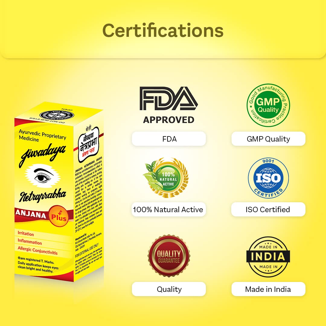 Jiwadaya Ayurvedic Netraprabha Anjana Plus for Refreshing, Dry Eye, Conjunctivitis, Stye - 5ml - 4 Bottles