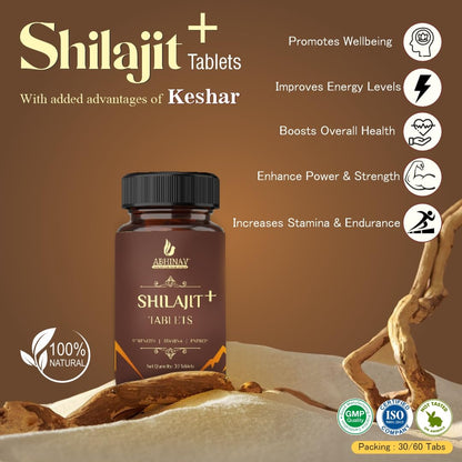 Abhinav Shilajit + Tablets | Stamina booster tablets | All-in-one energy supplement | Elevate your strength, stamina, and energy levels (30 Tablet (Pack of 1))