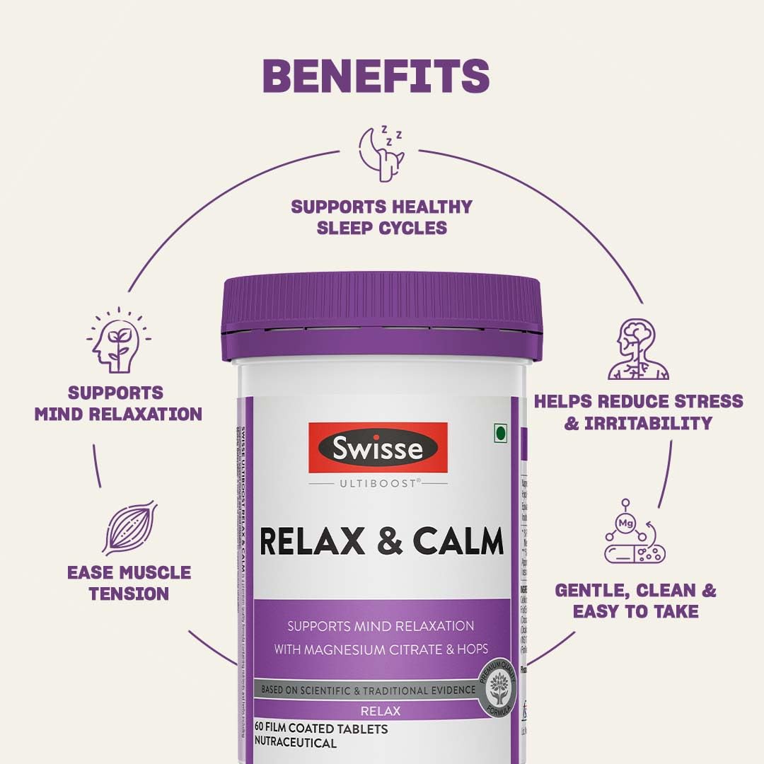Swisse Relax & Calm - 300mg Magnesium Citrate with Hops & Inositol - Helps Muscle Recovery, Supports Mind Relaxation & Healthy Sleep Cycles | Non-Drowsy Everyday Formula (60 Tablets)