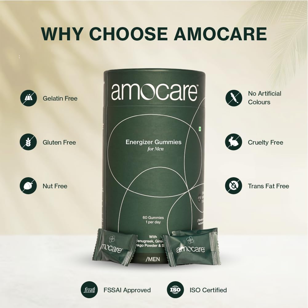 Amocare Energy Gummies for Men | Fenugreek, Ginseng, Ginkgo Powder & Saffron | Improves Energy & Muscle Strength, Promotes Well-Being | Strawberry & Mint Flavour | 60 Gummies - 1 Per Day | Veg