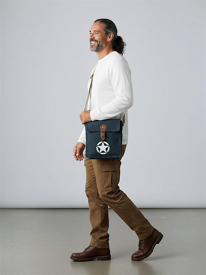 The House of tara Canvas Side Sling Bag For Men & Women | Compact Messenger bag with Leather Strap on flap closure, Adjustable Shoulder Strap & Snap buttons | Casual bag for Office & Travel (Blue)
