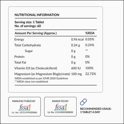 Nutrova Magnesium+D3 | With Magnesium Bisglycinate & Vitamin D3 | Supports Better Sleep, Mood, Energy & Muscle Recovery | High Absorption Formula | Gentle on Stomach | 60 Veg Tablets
