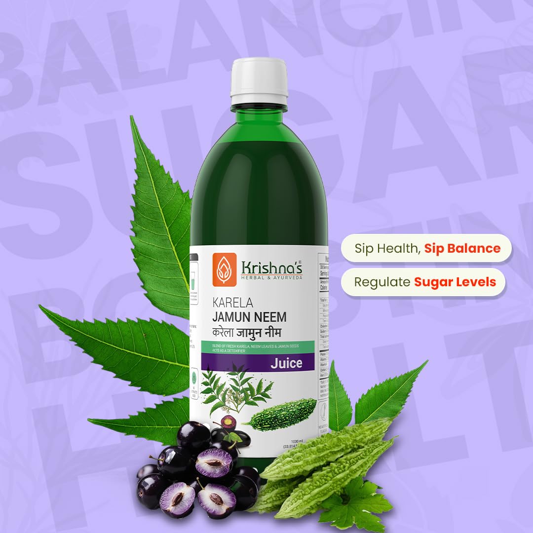 Krishna's Karela Jamun Neem Juice - 1000 ml | Blend Of Fresh Karela, Neem Juice & Jamun Seeds Ayurvedic Solution For Balancing Sugar Levels - (Pack of 2)