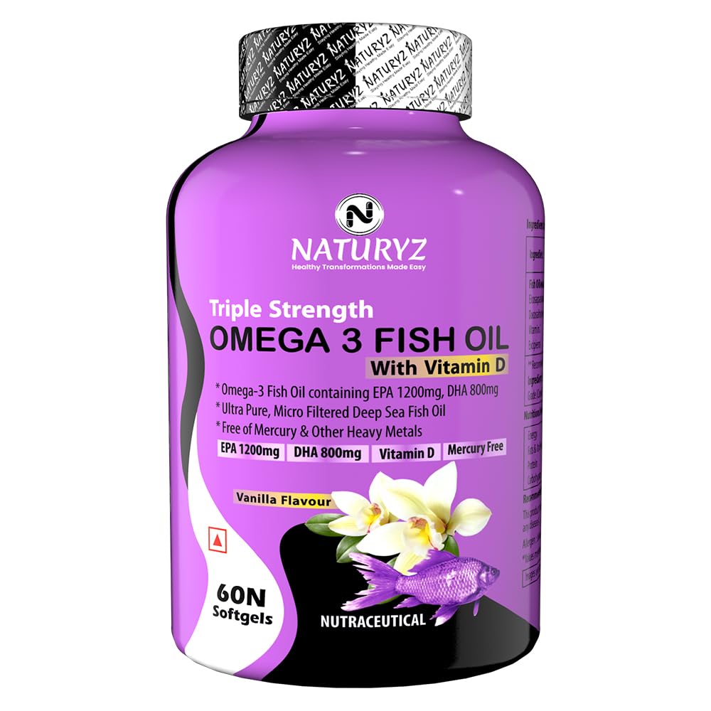 Naturyz Vanilla Flavoured Triple Strength 2500mg Fish Oil with Vitamin D3 | Highest Strength 2000 mg Omega 3 Per Serving (EPA 1200mg DHA 800mg) Deep Sea Fish Oil for Men & Women - 60 Capsules