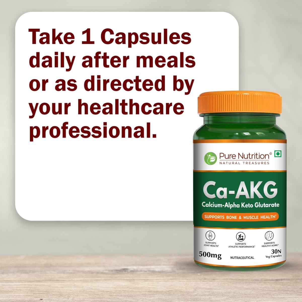 Pure Nutrition Ca-AKG - (500mg) - 30 Veg Capsules | Calcium Alpha-Ketoglutarate Supplements For Cellular Energy & Joint Health | Support Healthy Aging, Athletic Performance & Muscle Recovery
