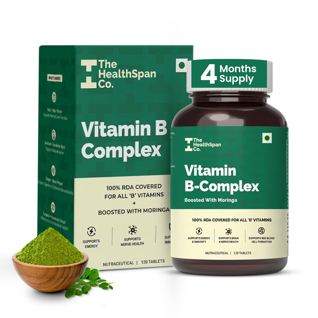 The Healthspan Co. Vitamin B-Complex 120 Veg Tablets-100% RDA for B Vitamins with B1, B2, B3, B5, B6,B7, B9 & Vitamin B12 Supplement | Vitamin B Complex Supplements for Women & Men| Along with Moringa
