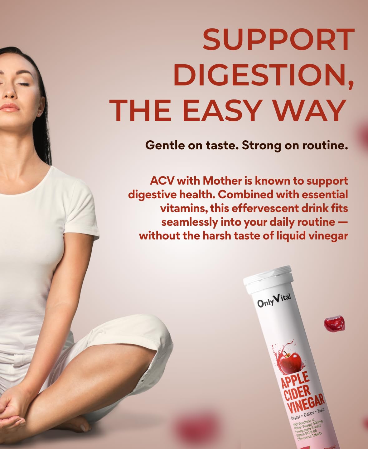 OnlyVital ACV Effervescent Tablets 500mg with Mother Vinegar, Pomegranate, Vitamin B12 & B6 | Digest & Metabolism Support | Watermelon
