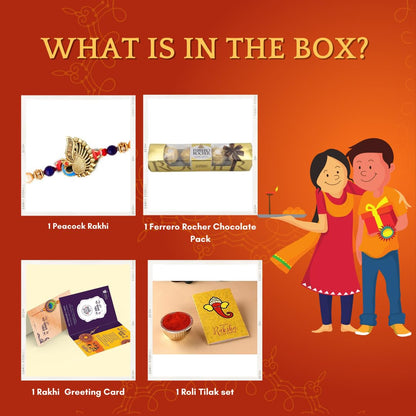Peacock Rakhi Gift for Brother with Chocolate Gift Combo, Rakhi with Ferrero Rocher Chocolate for Bhaiya, Kids Boy, Rakhi Set of 1, Single Rakhi with Greeting Card, Tilakk Set