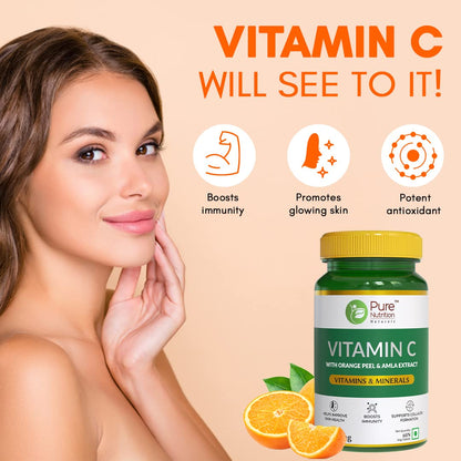 Pure Nutrition Naturals Vitamin C 1250Mg, 60 Veg Tablets With Amla & Orange Peel Extract| Boosts Immunity & Skin Health | Antioxidant Support For Men & Women | Supports Collagen Formation