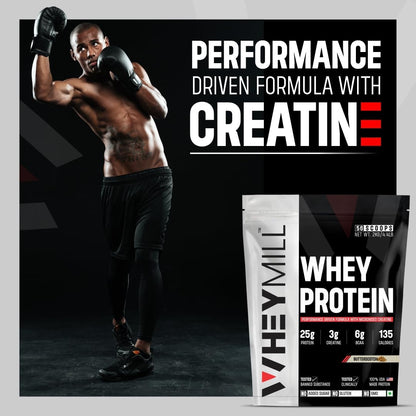 WHEYMILL 100% Whey Protein | 25g Protein, 3g Creatine, 6g BCAA | Easy Mixing, Low Carbs Whey Protein Supplement Powder with Creatine for Men, Women & Athletes (2 Kg/4.4lb | 56 Servings | Butterscotch)
