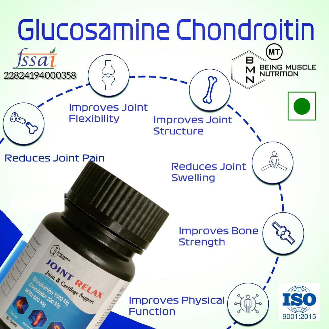 Joint Relax (60 Tablets) |Glucosamine & chondroitin and msm, curcuma and collagen With Vitamin D3, Calcium Supplement for Women and Men | For Bone Health & Joint Support.