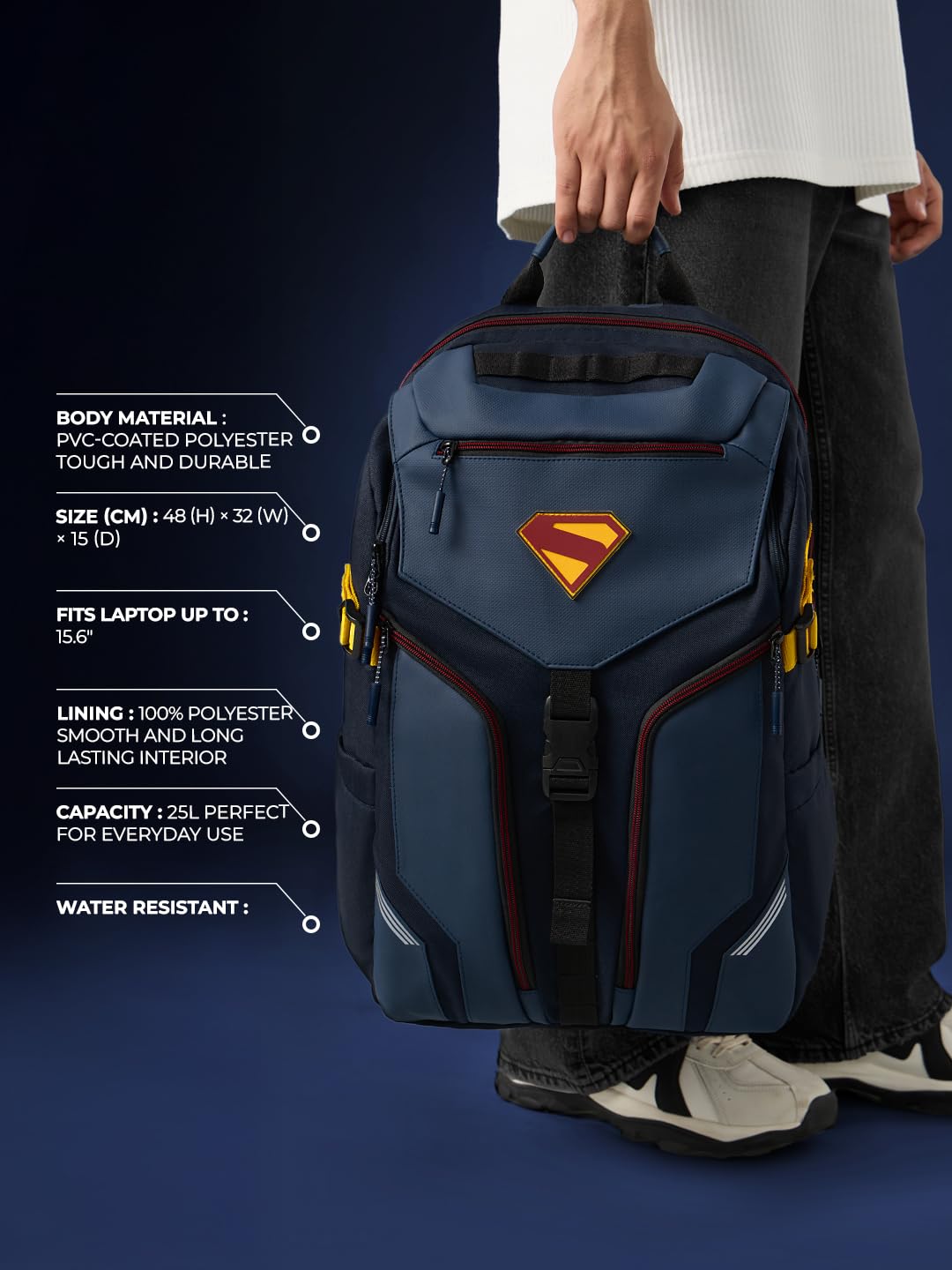 he Souled Store Official Superman Backpack | 25L Utility Pack | Fits 15" Laptop | Water Resistant Stylish Superhero Bag for School Travel & Casual Use (Blue)