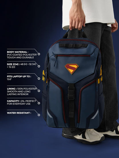he Souled Store Official Superman Backpack | 25L Utility Pack | Fits 15" Laptop | Water Resistant Stylish Superhero Bag for School Travel & Casual Use (Blue)