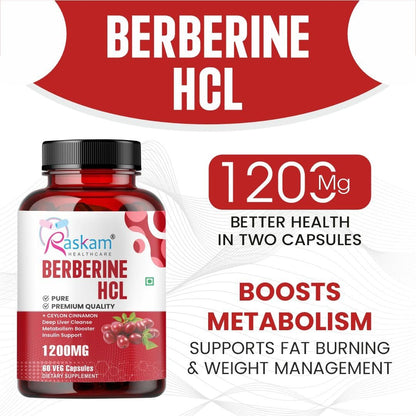 Raskam Healthcare Berberine HCL 1200mg with Ceylon Cinnamon, 60 Vegetarian Capsules, Dietary Supplement