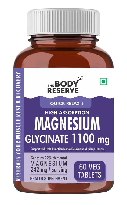 The Body Reserve Magnesium Glycinate Supplement - 60 Veg Tablets, 1100mg Per Serving, High Absorption Chelated Form - Muscle & Nerve Health, Relaxation for Men & Women