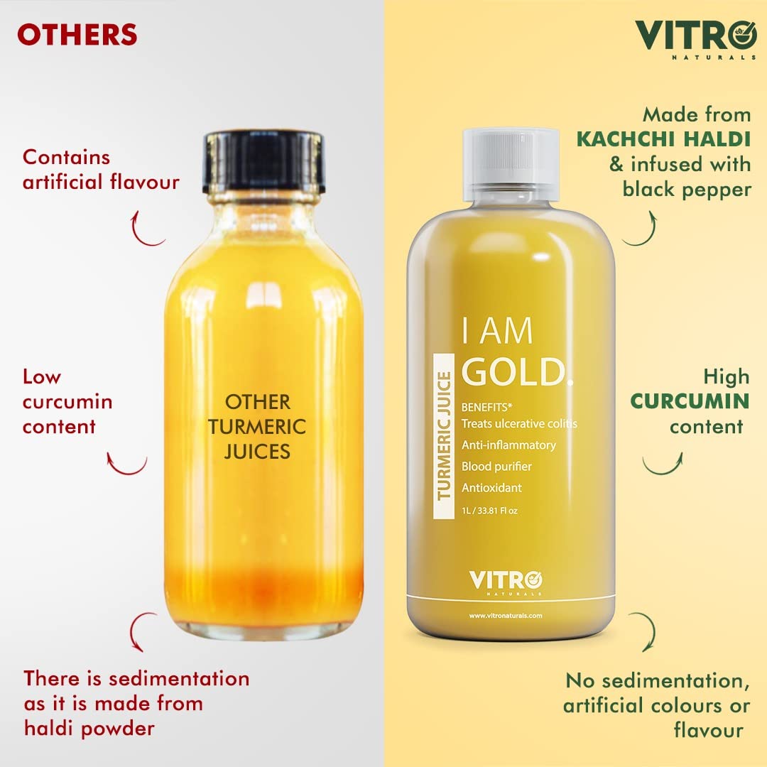 Vitro Turmeric Juice with Black Pepper 1Ltr | Liquid Curcumin Supplement for Joint Support, Inflammation & Immunity | kachi haldi,Fast Absorbing Alternative to Turmeric Capsules & Curcumin Tablets (1ltr)