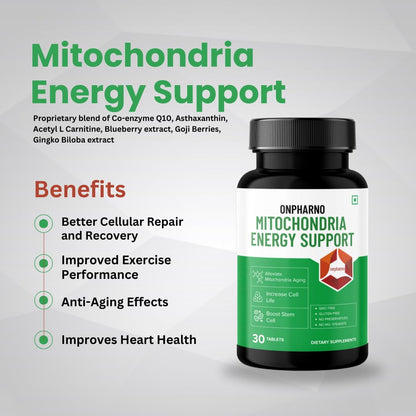 Onpharno Mitochondria Energy Support Supplement for Cellular Wellness & Daily Vitality | Advanced Energy Support Formula | Gluten Free Energy Booster | Supports Brain Function & Immunity - 30 tablets