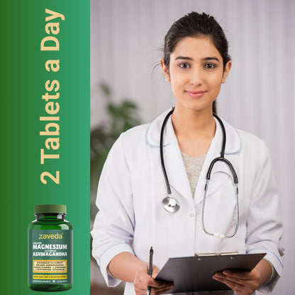 Zaveda Magnesium Glycinate Ashwagandha Tablets with Hopes flower, Vit. B6, L-Theanine, L-tryptophan & zinc | Highly Advanced Plant based formula | Muscle Recovery, Sleep & Nerve halth | 60 VegTablets