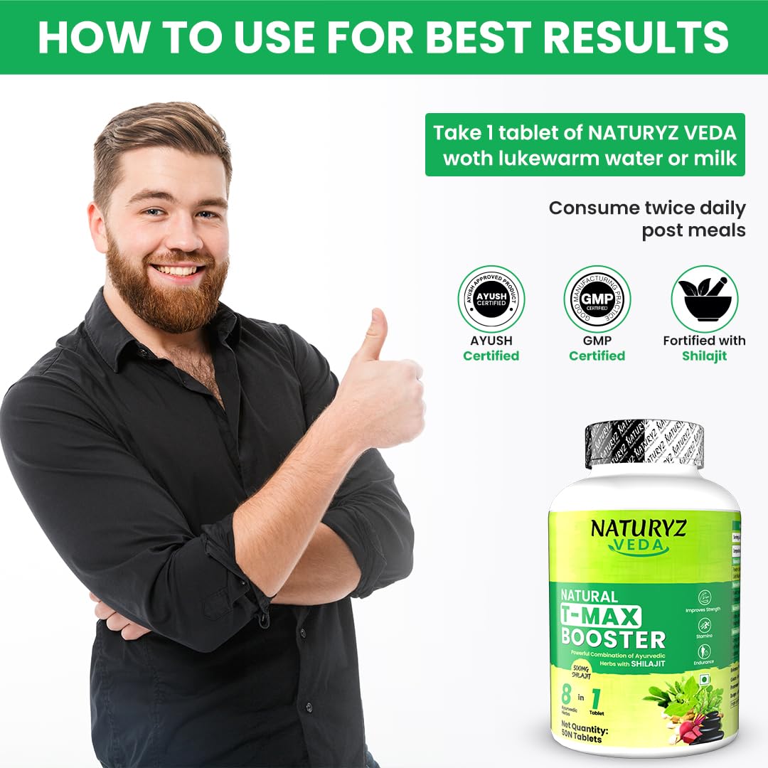 Naturyz VEDA Natural T-MAX Booster with 8 Ayurvedic Herbs | Highest Strength Shilajit | Safed Musli | Kaunch | Ashwagandha | Gokshura | Ginseng |High absorption | Original Shilajeet Improves Strength, Stamina, Endurance, Energy & Muscle Mass - 50 Tablets