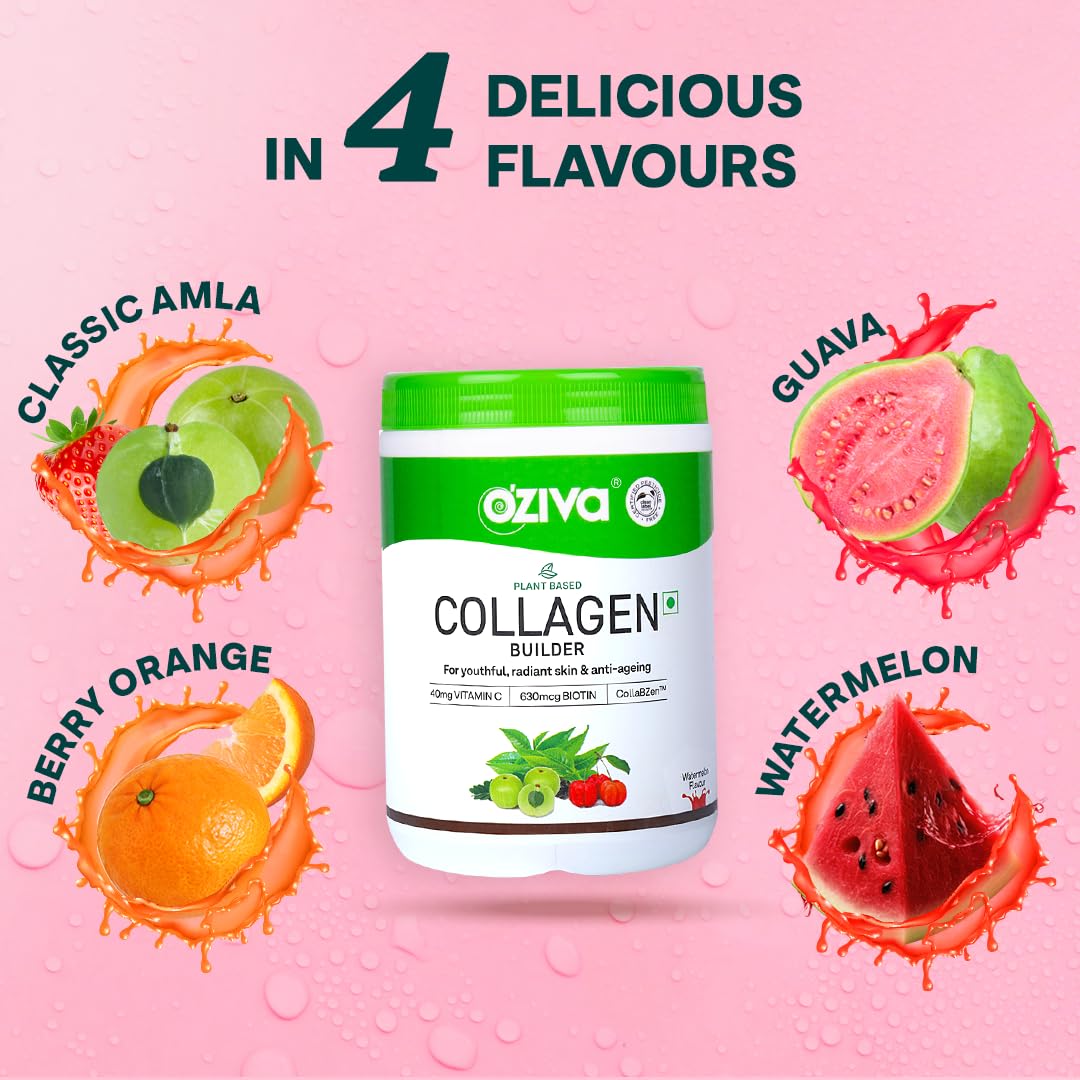 OZiva Vegan Collagen (Watermelon) with Biotin & Vitamin C For Brighter & Youthful Skin | Collagen Supplement For Women & Men | Plant Based Collagen Powder | Certified Vegan 125g