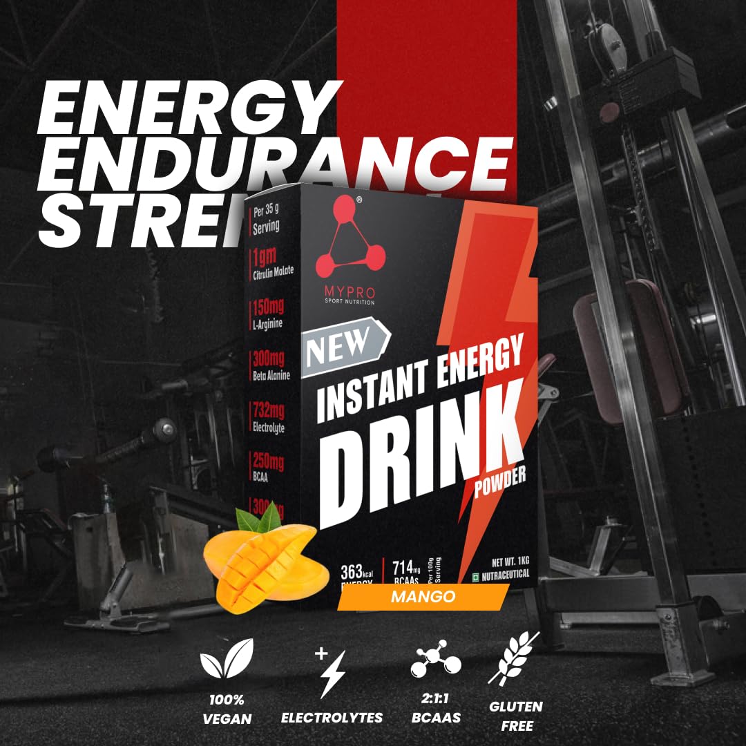 Mypro Sport Nutrition New Instant Energy Drink Powder(250mg Bcaas Per Serving)-For Boosting Energy, Physical Endurance, Strength & Performance for Men & Women-1 Kg/2.2 Lbs (Mango)