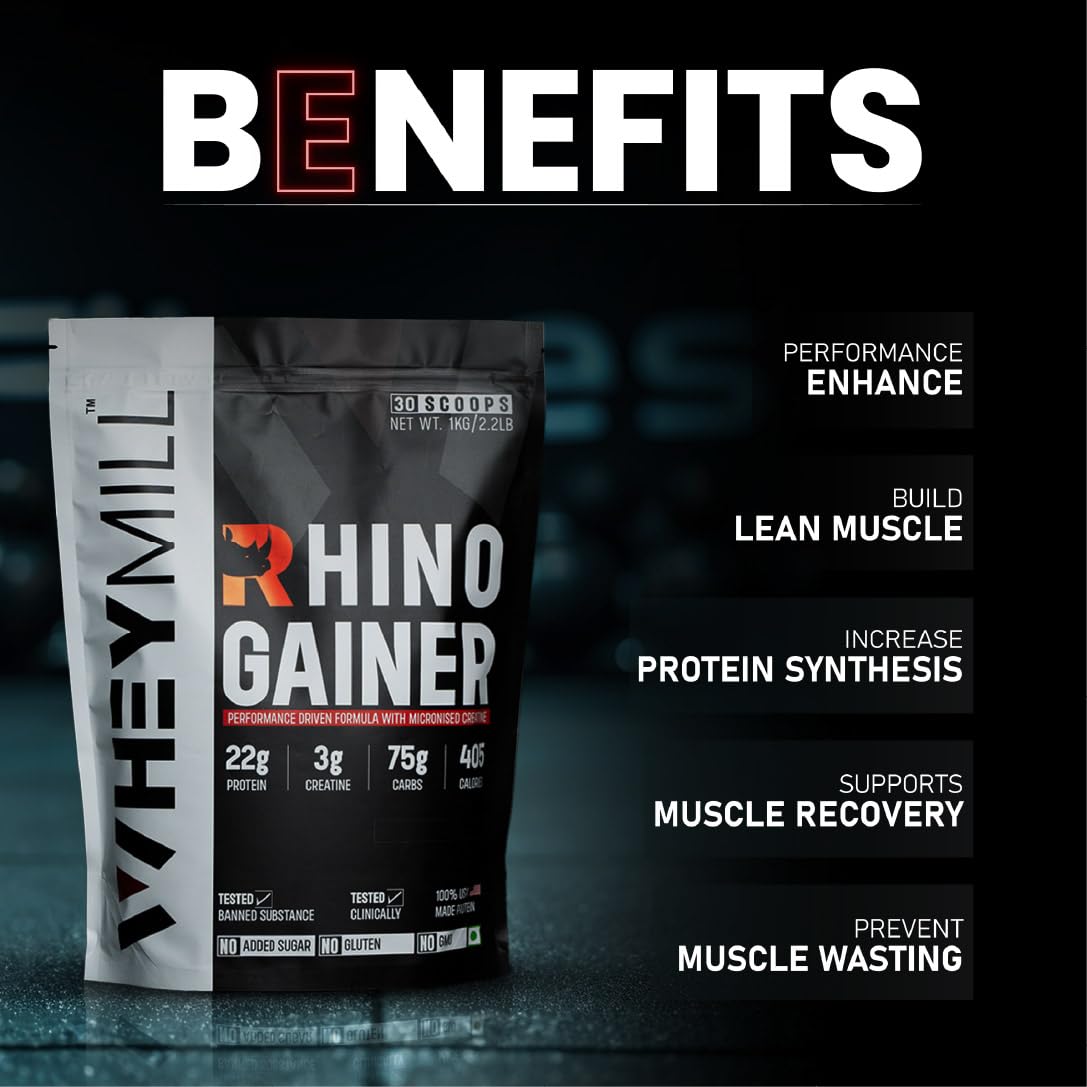 WHEYMILL Rhino Mass/Weight Gainer with Creatine Monohydrate | 1 Kg/2.2 Lb |30 Scoops, 380 Kcal, 22G Protein, 3G Creatine | Advance Gaining Formula | Vanilla,Powder